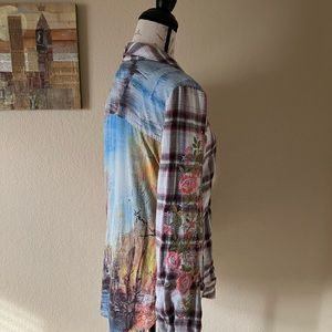 Arata plaid embroidered flowers landscape button down shirt with pin EUC